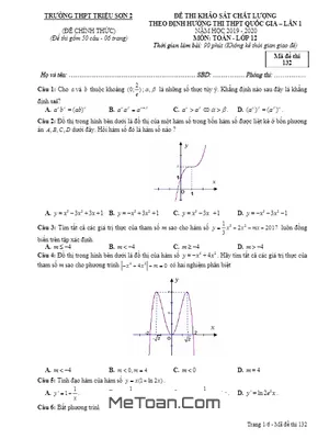 Đề KSCL Toán 12 lần 1 ôn thi THPTQG 2020 trường Triệu Sơn 2 - Thanh Hóa