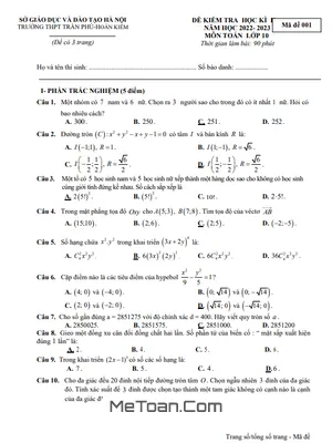 Đề thi cuối kì 2 Toán 10 năm 2022 – 2023 trường THPT Trần Phú – Hà Nội