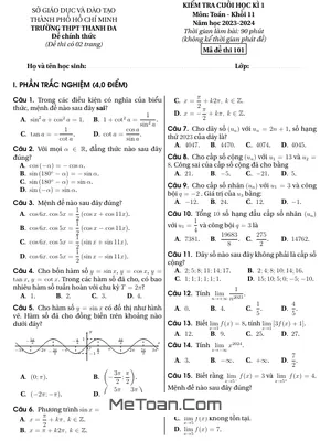 Đề Thi Học Kì 1 Toán 11 Năm 2023 - 2024 Trường THPT Thanh Đa - TP.HCM (Có Đáp Án)