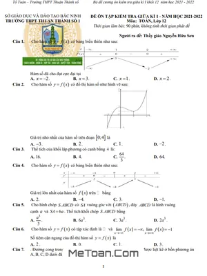 Trọn bộ 5 Đề ôn tập giữa kì 1 Toán 12 năm 2021 - 2022 trường Thuận Thành 1 - Bắc Ninh