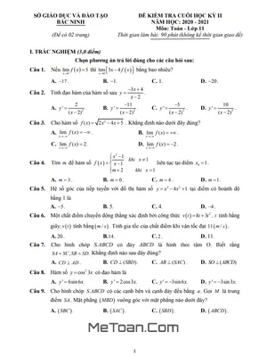 Đề thi cuối kỳ 2 Toán 11 năm 2020 - 2021 sở GD&ĐT Bắc Ninh