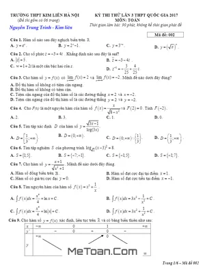 Đề thi thử THPT Quốc gia môn Toán năm 2017 trường THPT Kim Liên – Hà Nội lần 3