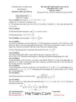 Đề thi thử THPT Quốc gia 2016 môn Toán trường Hà Trung – Thanh Hóa lần 2 (có đáp án)