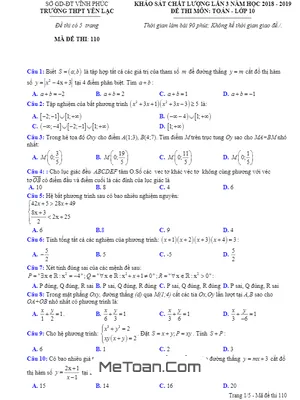 Đề KSCL Toán 10 Lần 3 Năm 2018 - 2019 Trường THPT Yên Lạc - Vĩnh Phúc