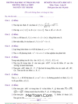 Đề kiểm tra giữa kỳ 1 Toán 10 năm 2018 - 2019 trường Nguyễn Tất Thành - ĐHSP Hà Nội