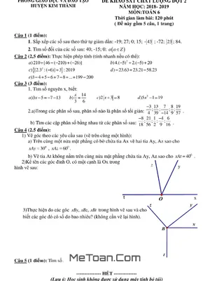 Đề KSCL Toán 6 đợt 2 năm 2018 - 2019 phòng GD&ĐT Kim Thành - Hải Dương