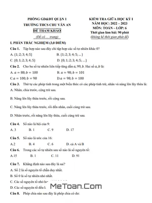 Đề Tham Khảo Giữa Học Kỳ 1 Toán 6 Năm 2022 - 2023 Trường THCS Chu Văn An - TP HCM