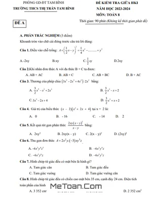 Đề Thi Giữa Kì 1 Toán 8 Năm 2023-2024 Trường THCS Thị Trấn Tam Bình - Vĩnh Long