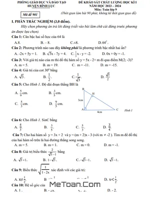 Đề thi học kì 1 Toán 9 năm 2023 - 2024 phòng GD&ĐT Bình Lục - Hà Nam