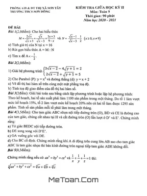 Đề thi giữa kỳ 2 môn Toán lớp 9 năm 2020 - 2021 trường THCS Sơn Đông - Hà Nội