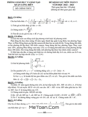 Đề khảo sát Toán 9 năm 2022 – 2023 phòng GD&ĐT Long Biên – Hà Nội
