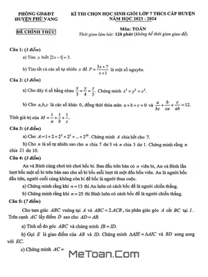 Đề thi học sinh giỏi Toán 7 năm 2023 - 2024 phòng GD&ĐT Phú Vang - TT Huế