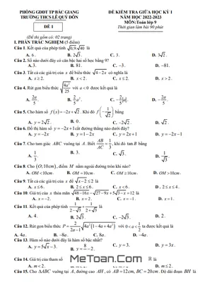 Đề thi giữa học kỳ 1 Toán 9 năm 2022 – 2023 trường THCS Lê Quý Đôn – Bắc Giang