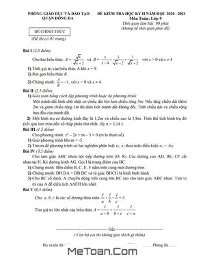 Đề Thi Học Kì 2 Toán 9 Năm 2020 - 2021 Phòng GD&ĐT Đống Đa - Hà Nội