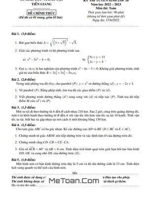 Đề thi tuyển sinh lớp 10 môn Toán năm 2022 - 2023 Sở GD&ĐT Tiền Giang