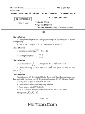 Đề thi HSG Toán 9 năm 2016 - 2017 phòng GD&ĐT thị xã Giá Rai - Bạc Liêu