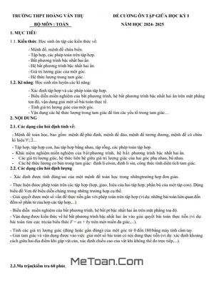 Đề cương ôn tập giữa học kỳ 1 Toán 10 năm 2024 - 2025 trường THPT Hoàng Văn Thụ - Hà Nội