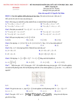 Đề tham khảo giữa kì 1 Toán 10 năm 2024 - 2025 trường THPT Thuận Thành 1 - Bắc Ninh