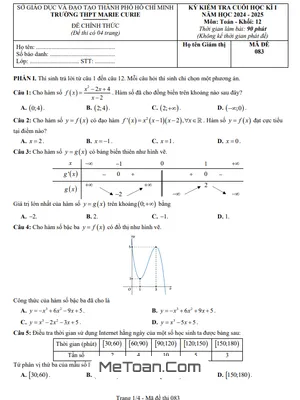 Đề Cuối Học Kì 1 Toán 12 Năm 2024 - 2025 Trường THPT Marie Curie – TP HCM