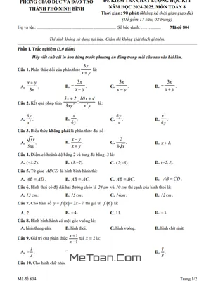 Đề học kì 1 Toán 8 năm 2024 - 2025 phòng GD&ĐT thành phố Ninh Bình