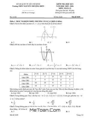 Đề thi học kì 1 môn Toán lớp 12 năm 2025 – 2026 trường THPT Nguyễn Thượng Hiền - TP.HCM