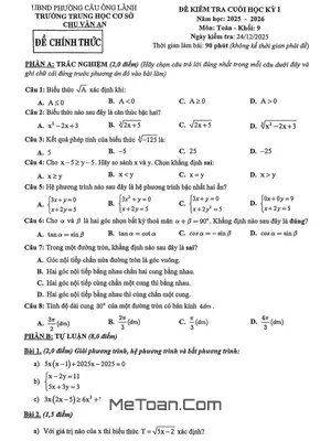 Đề thi cuối học kỳ 1 môn Toán 9 năm học 2025 - 2026 trường THCS Chu Văn An - TP.HCM
