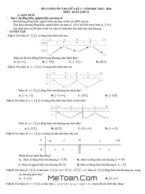 Đề cương giữa kỳ 1 Toán 12 năm 2023 – 2024 trường THPT Khâm Đức – Quảng Nam