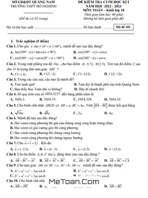 Đề Thi Cuối Kì 1 Toán 10 Năm 2022 - 2023 Trường THPT Hồ Nghinh - Quảng Nam