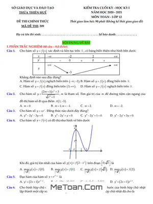 Đề thi cuối kỳ 1 Toán 12 năm 2020 - 2021 sở GD&ĐT Thừa Thiên Huế