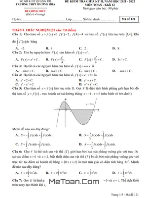 Đề thi giữa kỳ 2 Toán 12 năm 2021 - 2022 trường THPT Hướng Hóa - Quảng Trị