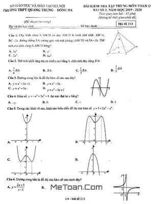Đề thi Toán 12 bài số 2 năm 2019 - 2020 trường THPT Quang Trung - Hà Nội