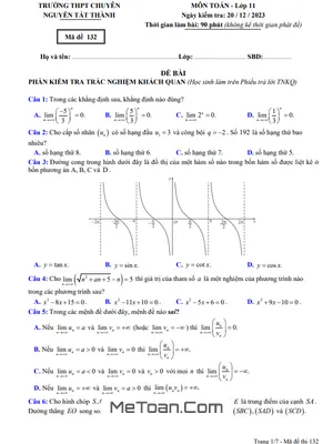 Đề Thi Cuối Kì 1 Toán 11 Năm 2023 - 2024 Trường Chuyên Nguyễn Tất Thành - Kon Tum