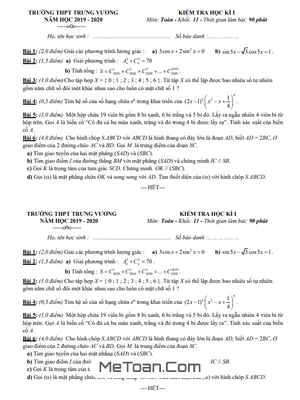 Đề kiểm tra học kỳ 1 Toán 11 năm 2019 - 2020 trường THPT Trưng Vương - TP HCM