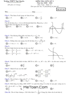 Đề thi giữa kì 1 Toán 12 năm 2020 - 2021 trường THPT Ngô Quyền - Bình Thuận (có đáp án)