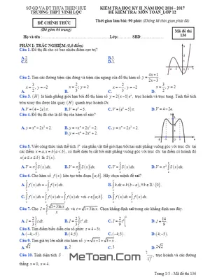 Đề thi HK2 Toán 12 năm học 2016 - 2017 trường THPT Vinh Lộc - TT. Huế
