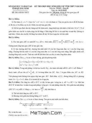 Đề thi chọn HSG Toán cấp tỉnh THPT năm 2018 sở GD&ĐT Quảng Ninh (Bảng B)