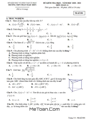Đề thi học kì 2 Toán 11 năm 2020 - 2021 trường Phan Ngọc Hiển - Cà Mau