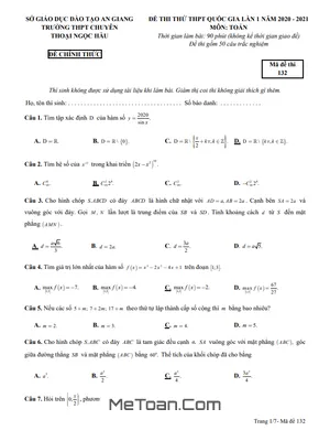 Đề thi thử THPTQG 2021 môn Toán lần 1 trường chuyên Thoại Ngọc Hầu – An Giang