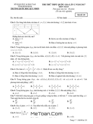 Đề thi thử THPT Quốc gia 2017 môn Toán trường Quốc học Quy Nhơn - Bình Định lần 2