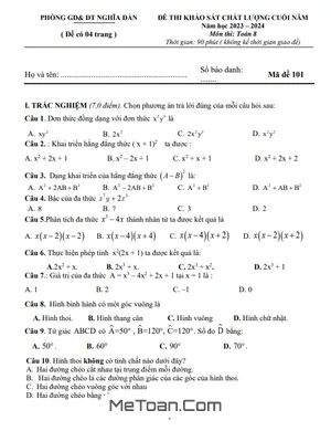 Đề khảo sát Toán 8 cuối năm 2023 - 2024 phòng GD&ĐT Nghĩa Đàn - Nghệ An