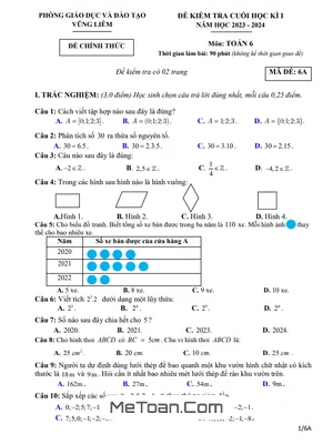 Đề thi học kì 1 Toán lớp 6 năm 2023 - 2024 phòng GD&ĐT Vũng Liêm - Vĩnh Long (có đáp án)