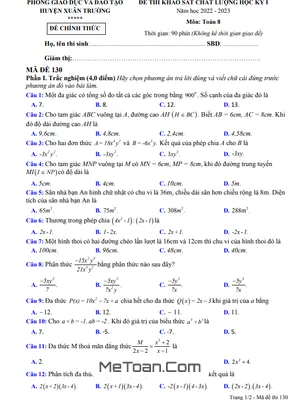 Đề thi học kỳ 1 Toán 8 năm 2022 - 2023 phòng GD&ĐT Xuân Trường - Nam Định