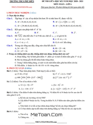 Đề Thi Giữa Học Kì 1 Toán 6 Năm 2020 - 2021 Trường THCS Phú Diễn - Hà Nội