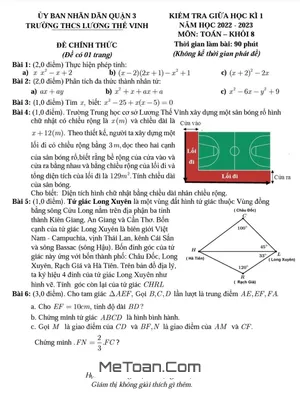 Đề giữa kì 1 Toán 8 năm 2022 - 2023 THCS Lương Thế Vinh - TP HCM