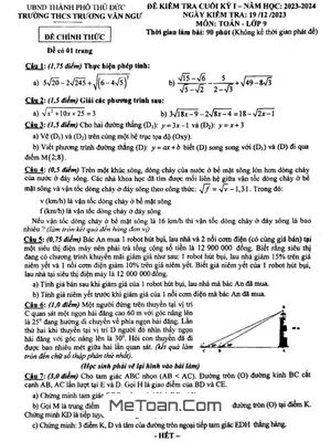 Đề thi học kỳ 1 Toán 9 năm 2023 - 2024 trường THCS Trương Văn Ngư - TP HCM