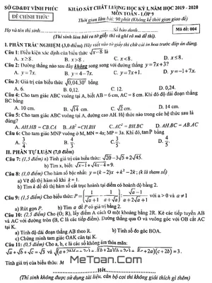 Đề thi học kỳ 1 Toán 9 năm học 2019 - 2020 sở GD&ĐT Vĩnh Phúc