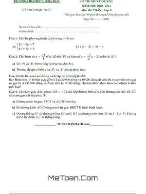 Đề thi giữa kì 2 Toán 9 năm 2020 - 2021 trường THCS Bình Hưng Hòa - TP HCM