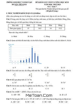 Đề thi học kì 2 Toán 7 Cánh Diều năm 2022 - 2023 phòng GD&ĐT Tiền Hải - Thái Bình