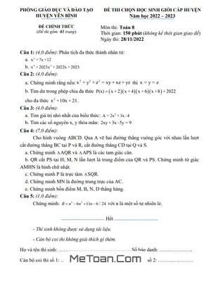 Đề thi HSG huyện Toán 8 năm 2022 - 2023 phòng GD&ĐT Yên Bình - Yên Bái