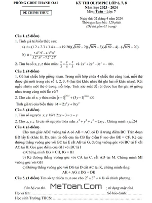 Đề thi Olympic Toán 7 năm 2023 - 2024 phòng GD&ĐT Thanh Oai - Hà Nội